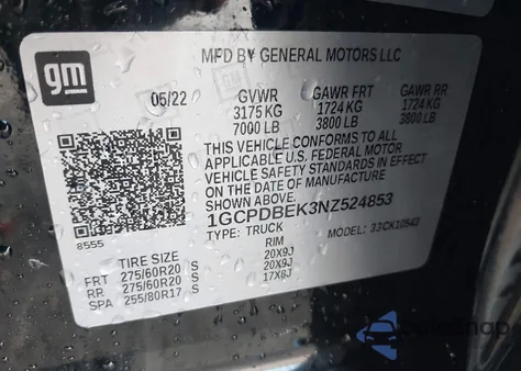 2022 Chevrolet Silverado 1500 4Wd Short Bed Custom z USA, uszkodzony, nr VIN 1GCPDBEK3NZ524853